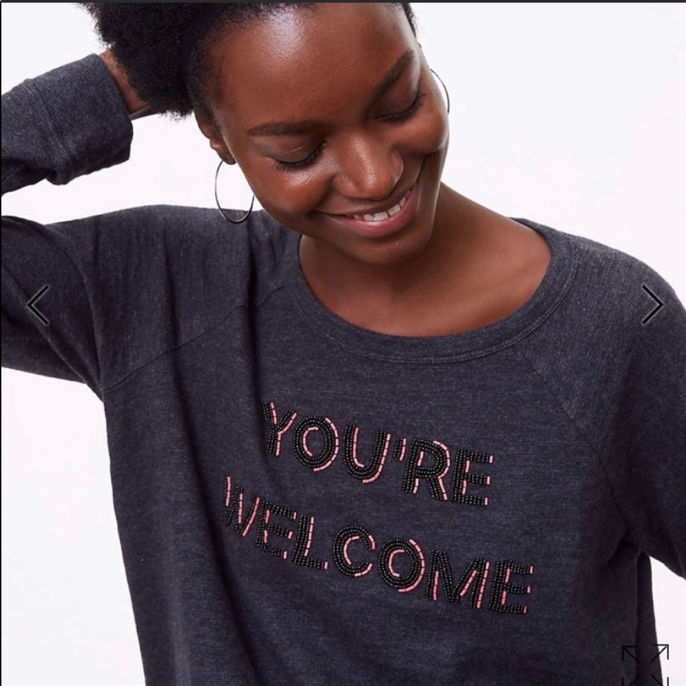 LOFT Gray “You’re Welcome” Beaded Sweater